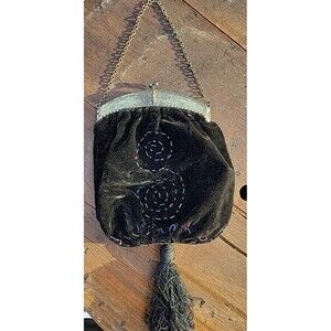 Vintage Black Velvet Purse/Pouch Handbag Opera Bag Early 1900's Beaded Gold Tone